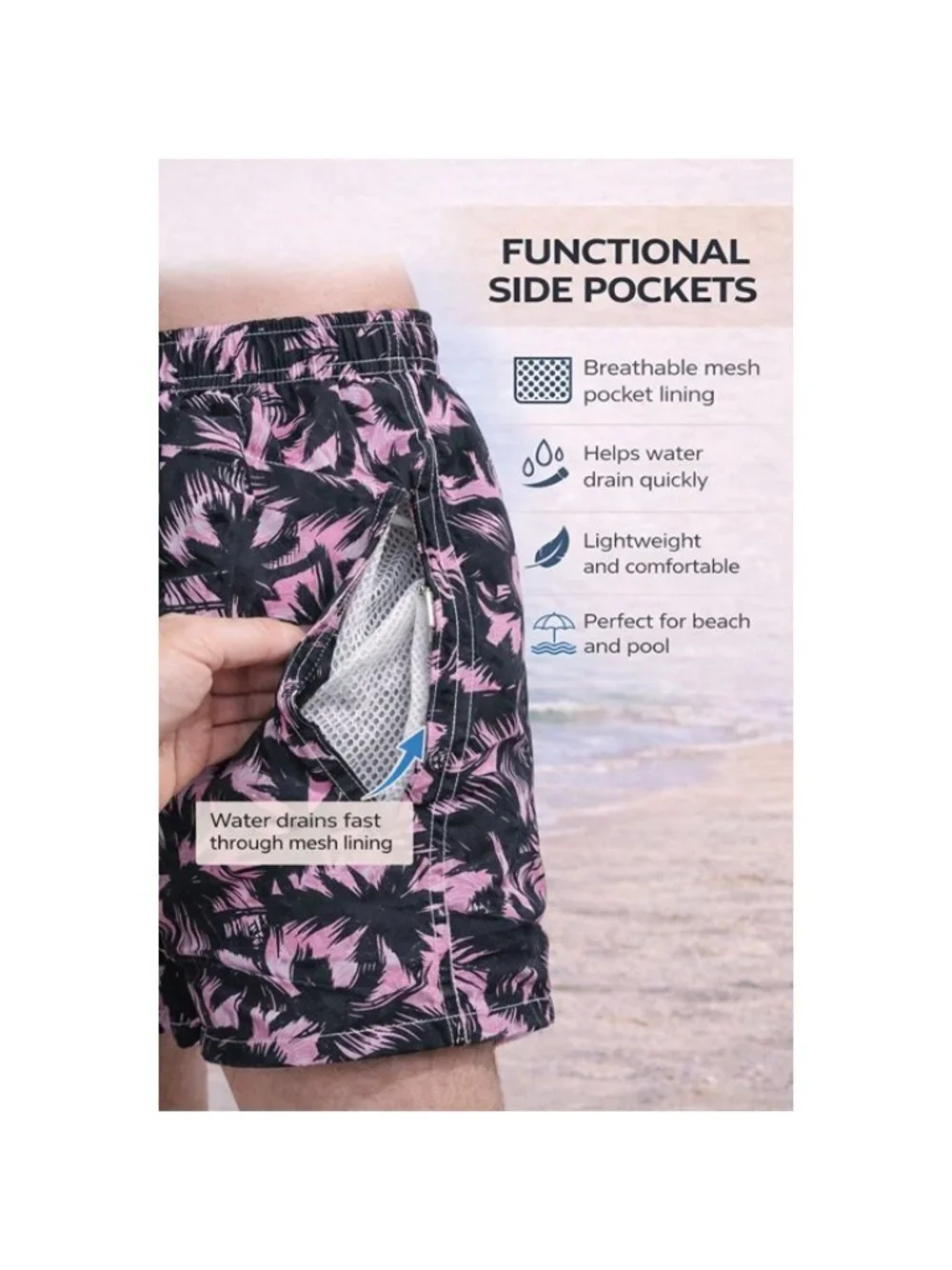 Men's Quick Dry Swim Trunks, Palm Tree Pattern, P35 - Picture 3 of 4